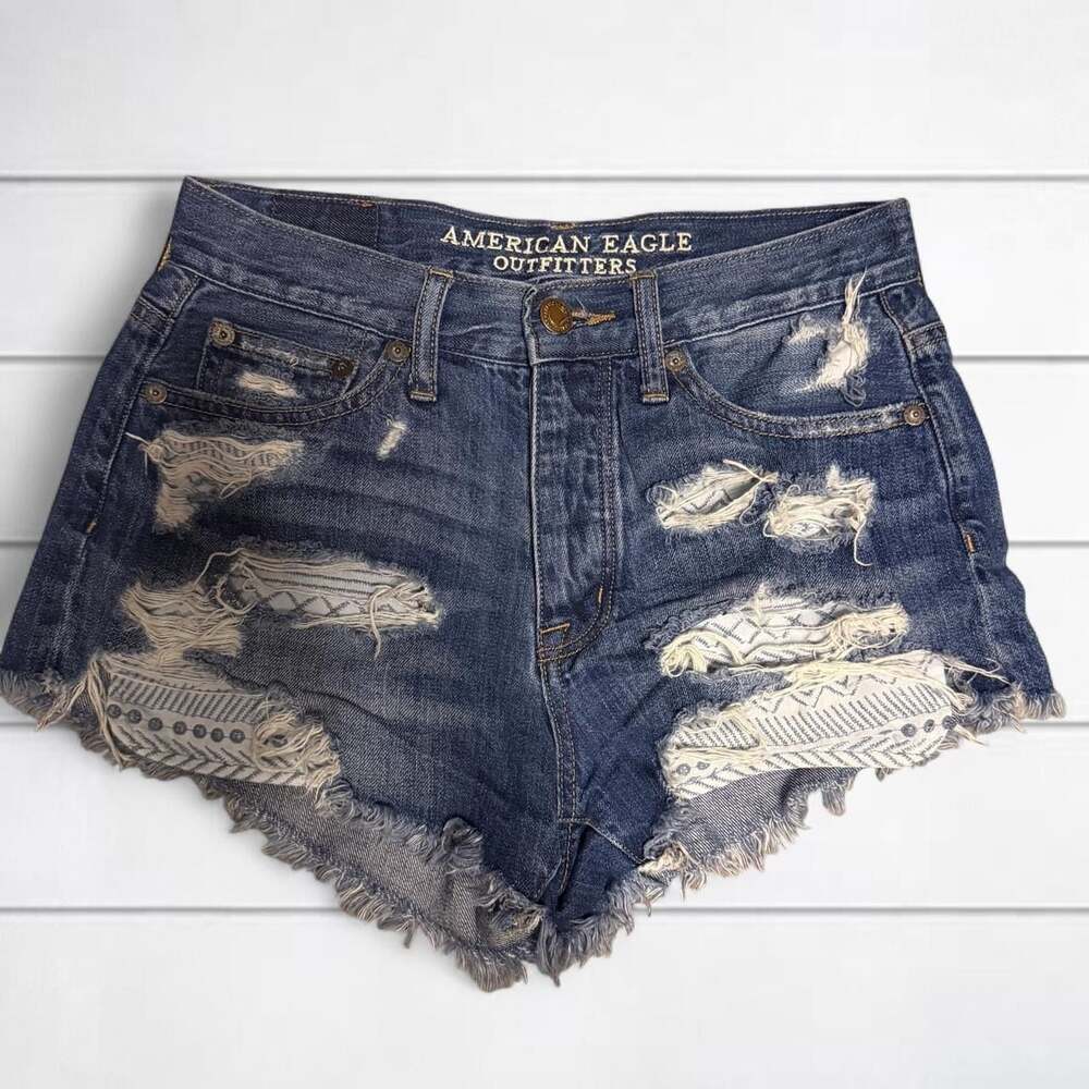 Woman's American Eagle High-Rise Festival Distressed Shorts double zero